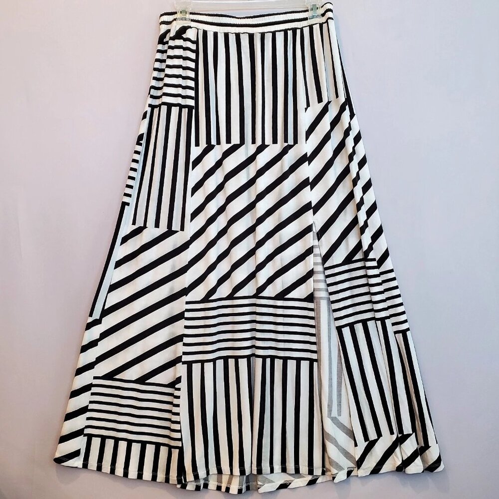 Peter Som Women's Skirt Medium A-line Maxi Stretch Black Striped Patchwork